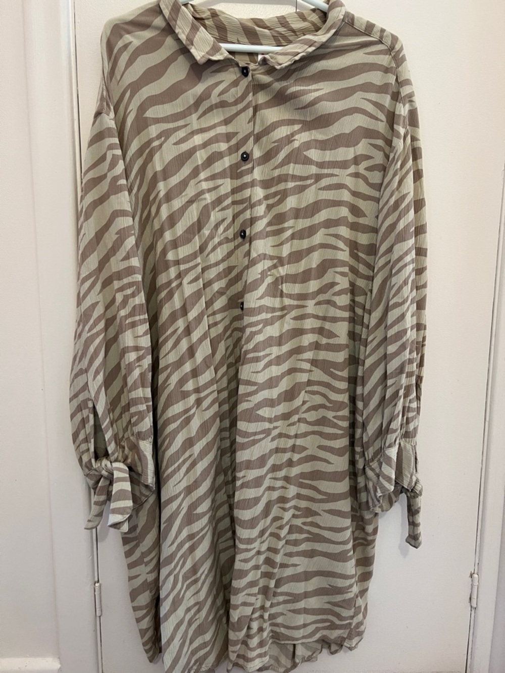 Zebra Print Button-Front Tunic in Taupe and Cream with Tied sleeves